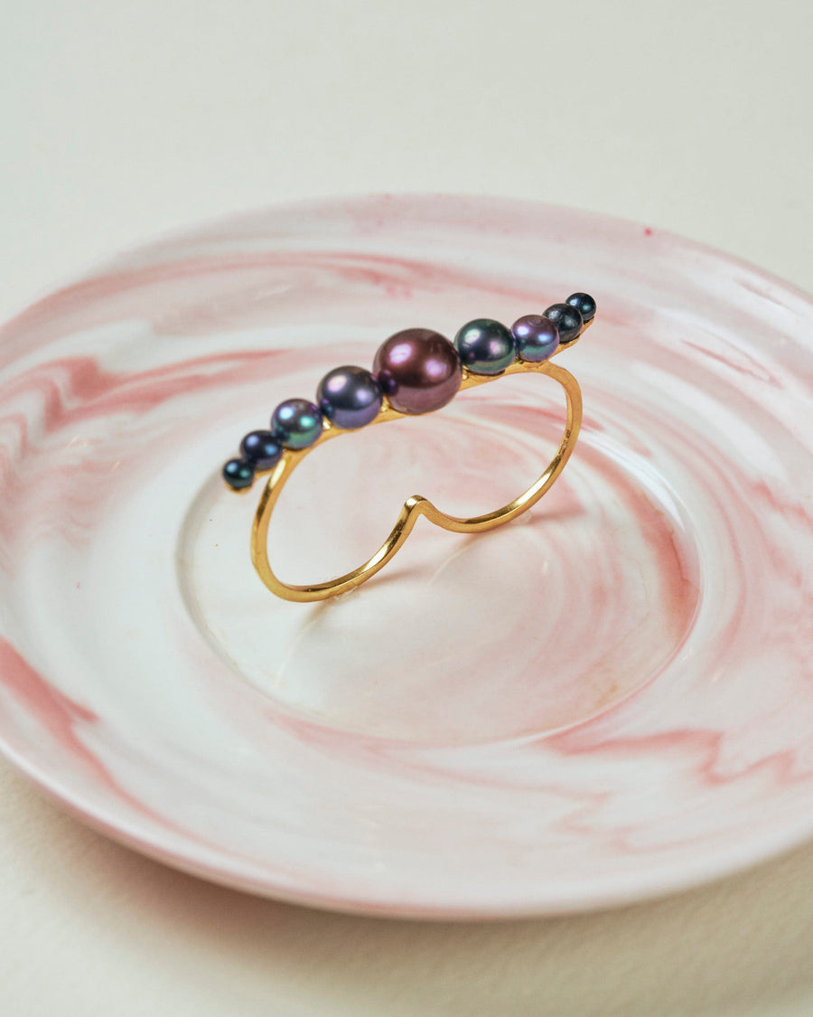 (Black pearl/gold) waving pearl double finger ring