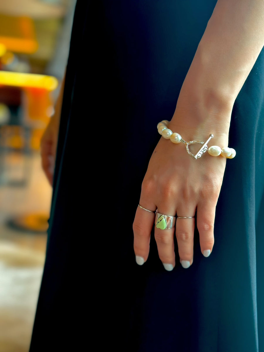 (Lemon chrysoprase/silver) long heart rough ring