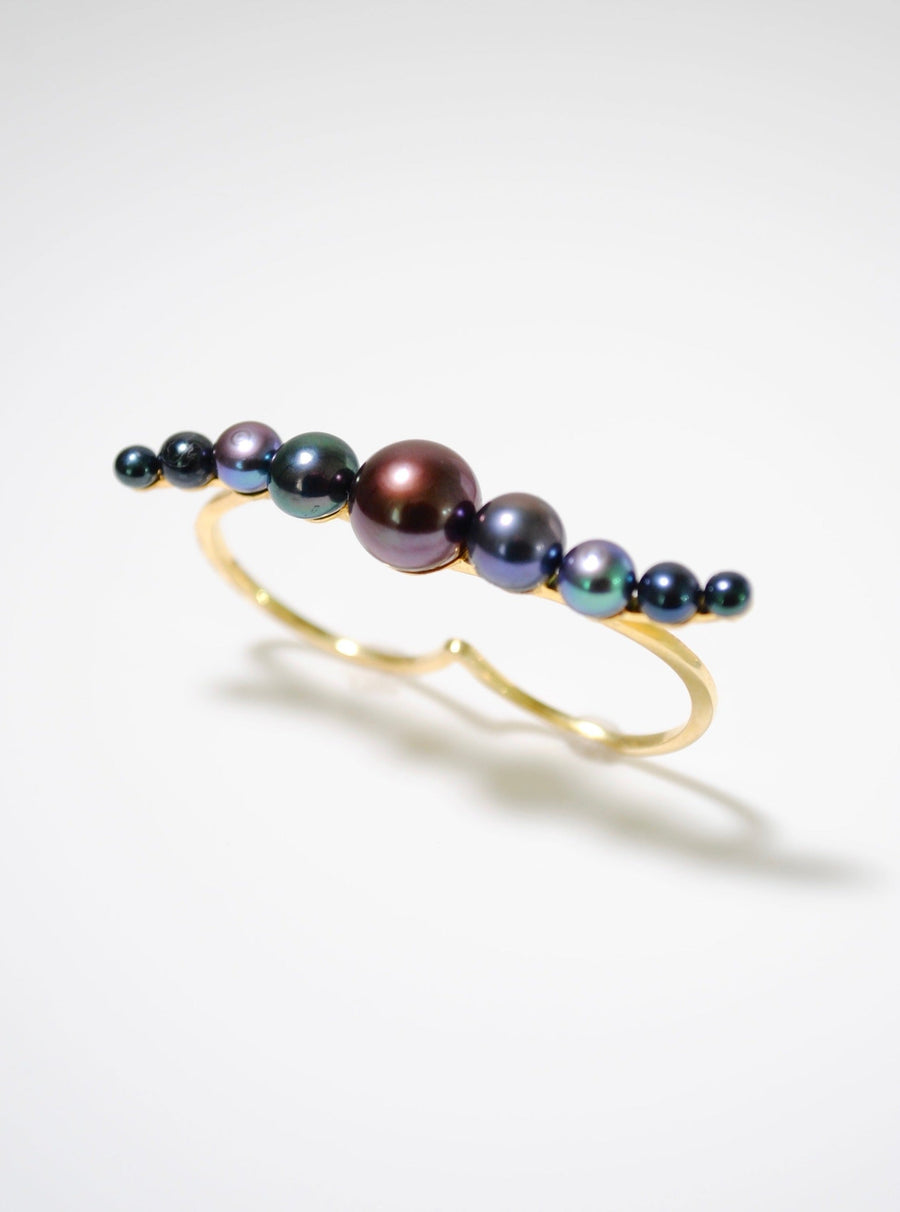 (Black pearl/gold) waving pearl double finger ring