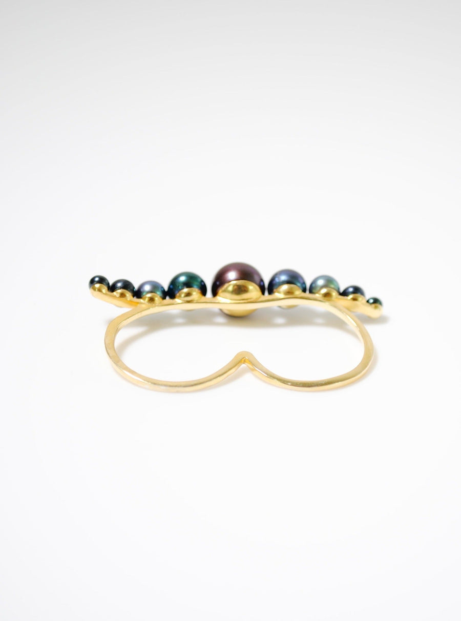 (Black pearl/gold) waving pearl double finger ring